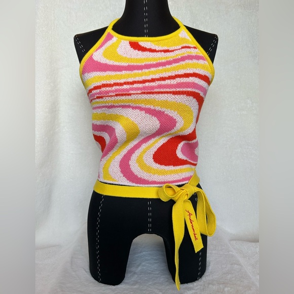 Andersson Bell Tops - Andersson Bell Summer Jacquard Halter Knit Top in Lemon Pink Size L MCM Retro